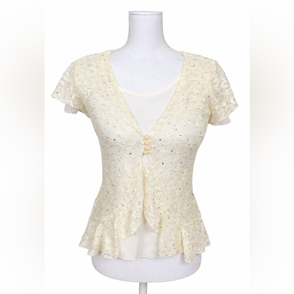 New Directions Women’s Ivory Sequins Top Size PS Short Cap Sleeve - Picture 2 of 6
